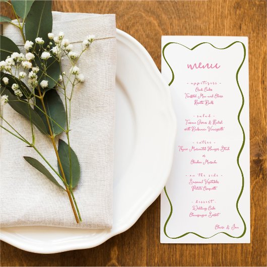 Roze & Groene Handgetekende Gebogen Rand Trouwmenu Menu