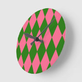 Roze Groene Harlekijn Geruite Ontwerp Ronde Klok (Hoek)