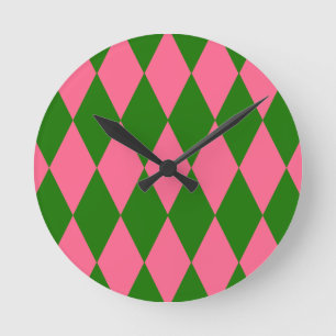 Roze Groene Harlekijn Geruite Ontwerp Ronde Klok
