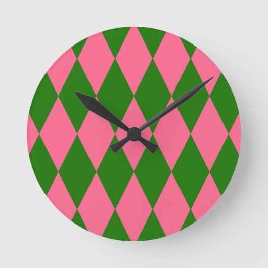 Roze Groene Harlekijn Geruite Ontwerp Ronde Klok (Voorkant)