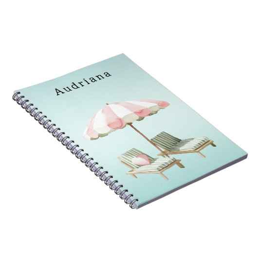 Roze Groene Hart Strand Loungen Stoelen Paraplu Notitieboek (Rechterzijde)