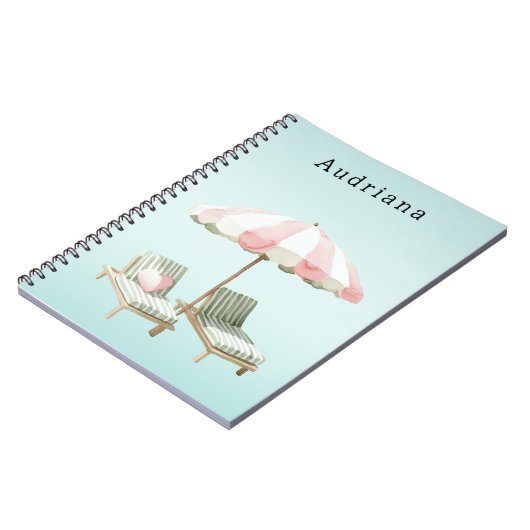 Roze Groene Hart Strand Loungen Stoelen Paraplu Notitieboek (Linkerzijde)
