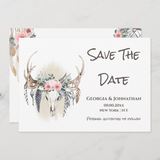 Roze groene herten geweien boho dromenvanger stamo save the date (Voorkant / Achterkant)