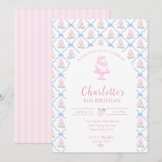 Roze Groene Hortensia Blauwe Strik Trellis Kaart (Voorkant / Achterkant)