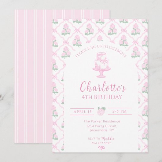 Roze & groene hortensia hekwerk met strikken kaart (Voorkant / Achterkant)