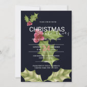 Roze groene hulstbessen kerstdiner kaart (Voorkant)