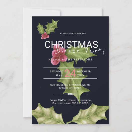 Roze groene hulstbessen kerstdiner kaart (Voorkant)