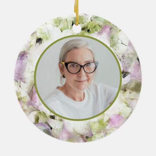 Roze Groene Hydrangea Waterverf Memorial Keepsake Keramisch Ornament (Achterkant)