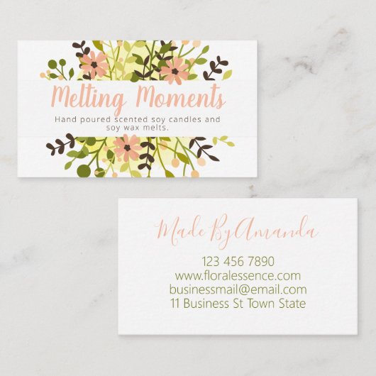 Roze, groene kaars met kaars en sojaswaxelt visitekaartje (Voorkant / Achterkant)