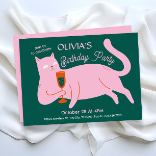 Roze groene kat grappige verjaardag kaart