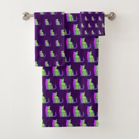 Roze Groene Kat Herhaal Paars Bad Handdoek (Insitu)