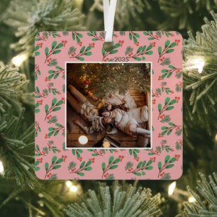Roze & Groene Kerst Bloemen Lijst Foto Metaal Metalen Ornament