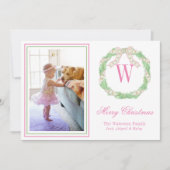 Roze & Groene Kerst Bow Krans Monogram Foto Feestdagenkaart (Voorkant)