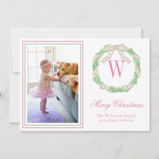 Roze & Groene Kerst Bow Krans Monogram Foto Feestdagenkaart (Voorkant)
