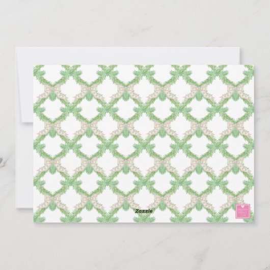 Roze & Groene Kerst Bow Krans Monogram Foto Feestdagenkaart (Achterkant)
