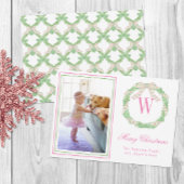 Roze & Groene Kerst Bow Krans Monogram Foto Feestdagenkaart