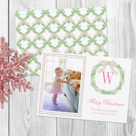 Roze & Groene Kerst Bow Krans Monogram Foto Feestdagenkaart