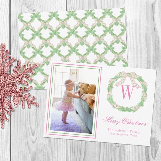 Roze & Groene Kerst Bow Krans Monogram Foto Feestdagenkaart