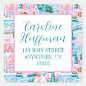 Roze & Groene Kerst Gingerbread Retouradres Vierkante Sticker (Voorkant)