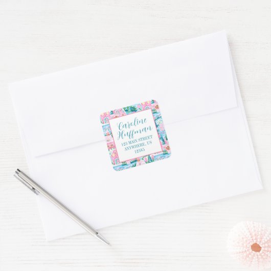 Roze & Groene Kerst Gingerbread Retouradres Vierkante Sticker (Envelop)