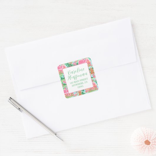 Roze & Groene Kerst Gingerbread Retouradres Vierkante Sticker (Envelop)