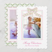 Roze & Groene Kerst Vlinderboog Foto Feestdagenkaart (Voorkant / Achterkant)