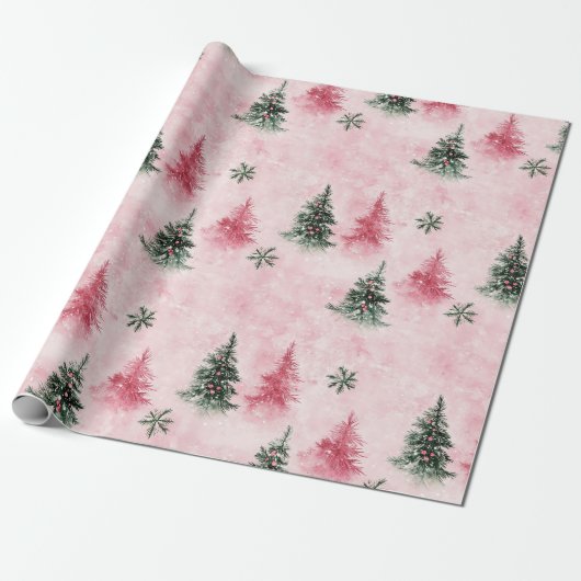Roze groene kerstbomen cadeaupapier (Uitgerold)