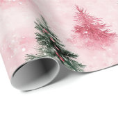 Roze groene kerstbomen cadeaupapier (Rol Hoek)