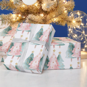 Roze Groene Kerstbomen Gouden Sterren Cadeaupapier