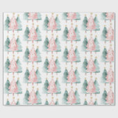 Roze Groene Kerstbomen Gouden Sterren Cadeaupapier (Vlak)