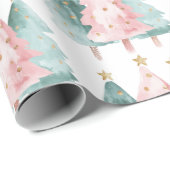 Roze Groene Kerstbomen Gouden Sterren Cadeaupapier (Rol Hoek)