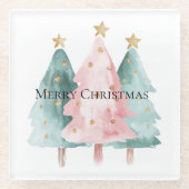 Roze Groene Kerstbomen Gouden Sterren Glazen Onderzetter (Voorkant)