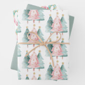 Roze Groene Kerstbomen Gouden Sterren Inpakpapier Vel (In situ)