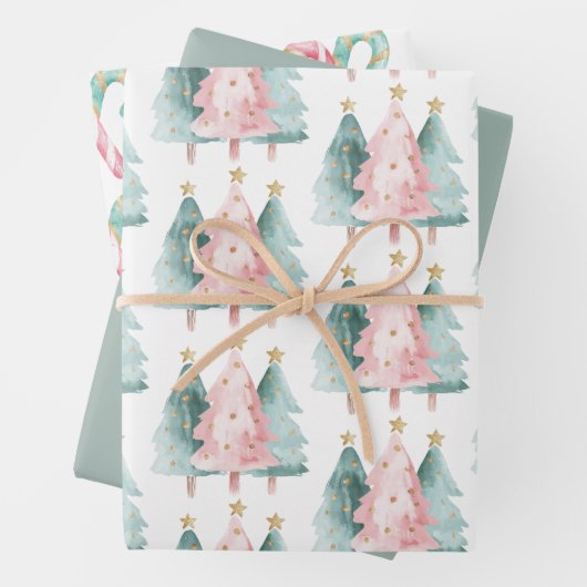 Roze Groene Kerstbomen Gouden Sterren Inpakpapier Vel (In situ)