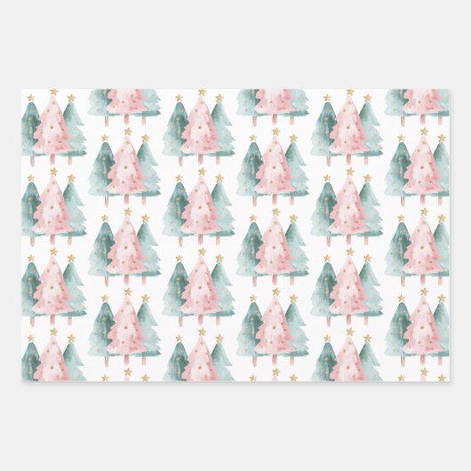 Roze Groene Kerstbomen Gouden Sterren Inpakpapier Vel (Voorkant)