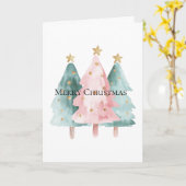 Roze Groene Kerstbomen Gouden Sterren Kaart (Gele Bloem)