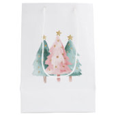 Roze Groene Kerstbomen Gouden Sterren Medium Cadeauzakje (Achterkant)