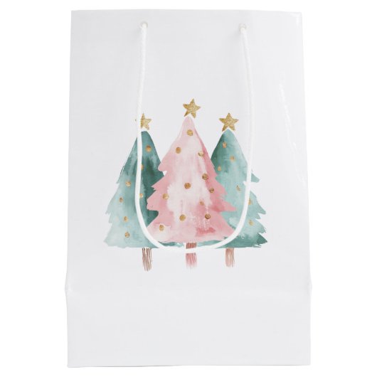 Roze Groene Kerstbomen Gouden Sterren Medium Cadeauzakje (Achterkant)
