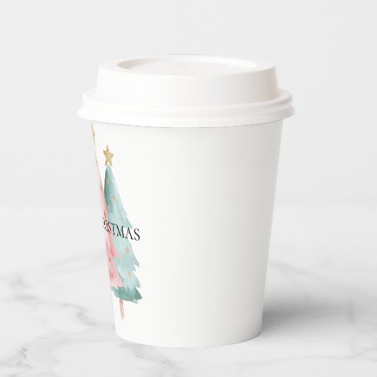 Roze Groene Kerstbomen Gouden Sterren Papieren Bekers (Links)