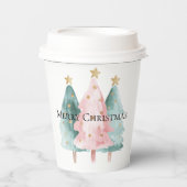 Roze Groene Kerstbomen Gouden Sterren Papieren Bekers (Voorkant)