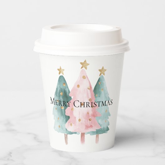 Roze Groene Kerstbomen Gouden Sterren Papieren Bekers (Voorkant)