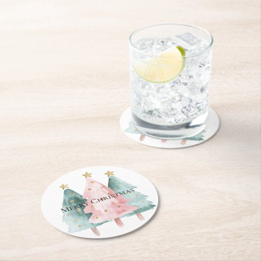 Roze Groene Kerstbomen Gouden Sterren Ronde Kartonnen Onderzetter (Insitu)