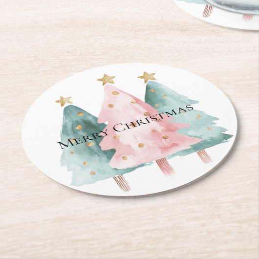 Roze Groene Kerstbomen Gouden Sterren Ronde Kartonnen Onderzetter (Gebogen)