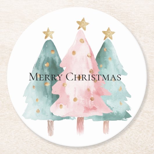 Roze Groene Kerstbomen Gouden Sterren Ronde Kartonnen Onderzetter (Voorkant)