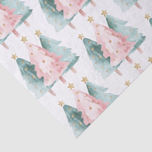 Roze Groene Kerstbomen Gouden Sterren Tissuepapier (Detail)