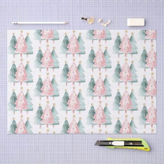 Roze Groene Kerstbomen Gouden Sterren Tissuepapier (Craft)