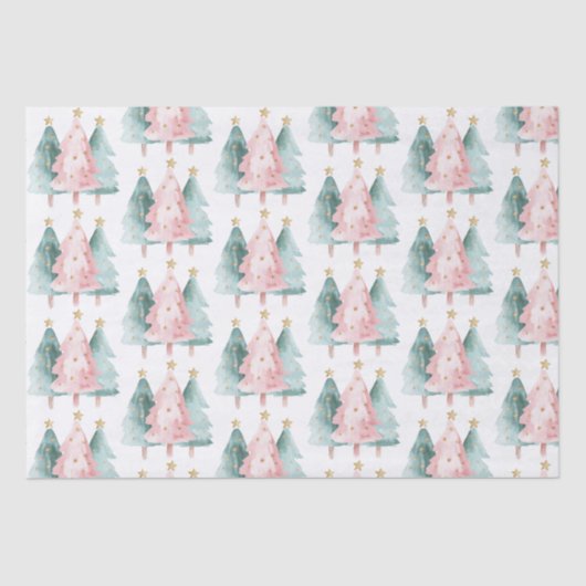 Roze Groene Kerstbomen Gouden Sterren Tissuepapier (Voorkant)