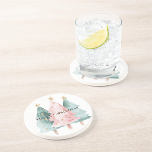 Roze Groene Kerstbomen Gouden Sterren Zandsteen Onderzetter