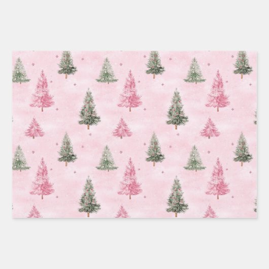 Roze groene kerstbomen inpakpapier vel (Voorkant 3)