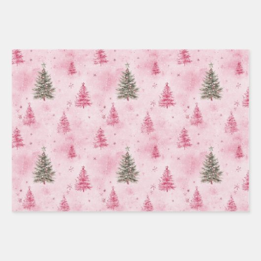 Roze groene kerstbomen inpakpapier vel (Voorkant 2)